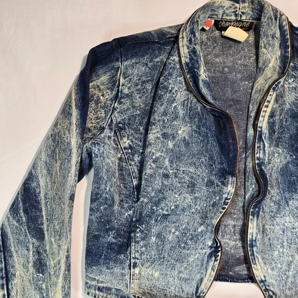 Champagne West Vintage 80s Acid Wash Denim Jacket and Skirt Set Blue Size 9/10 - Picture 4 of 15